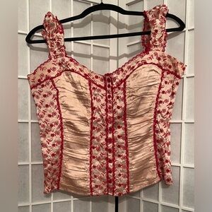 BEBE 100% Silk Pink Lemonade Red Embroidered Bustier Top